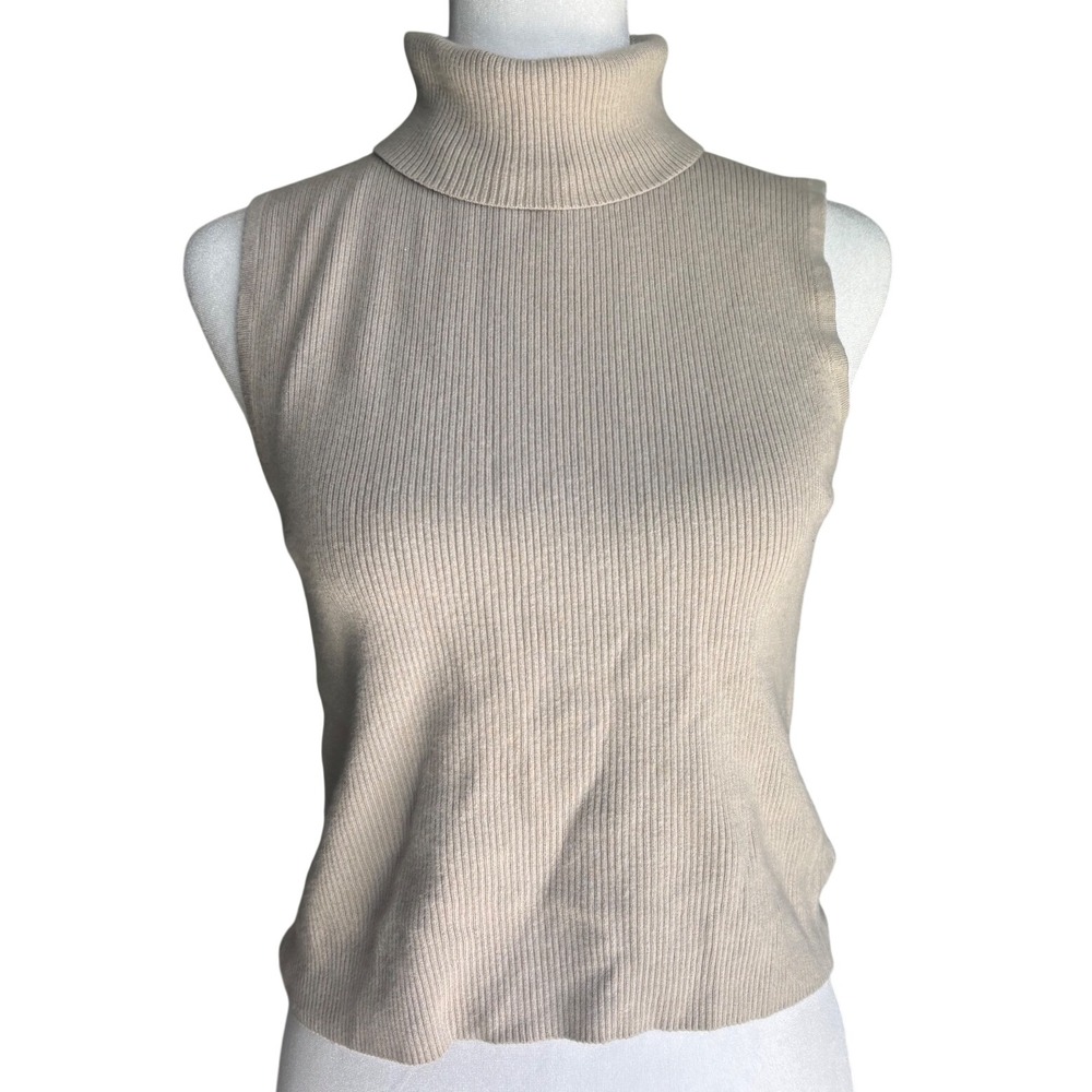 MOTF Womens Beige Ribbed Sleeveless Turtleneck Knit Top Shell Minimalist Size M